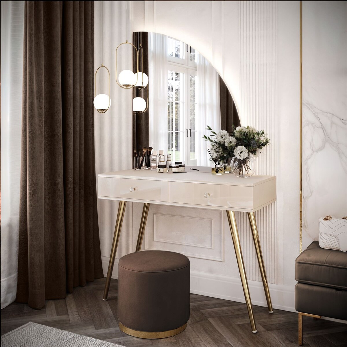 Toaletka kosmetyczna SIENNA-QS KASZMIR z lustrem LED, prawa, uchwyt biały kryształ