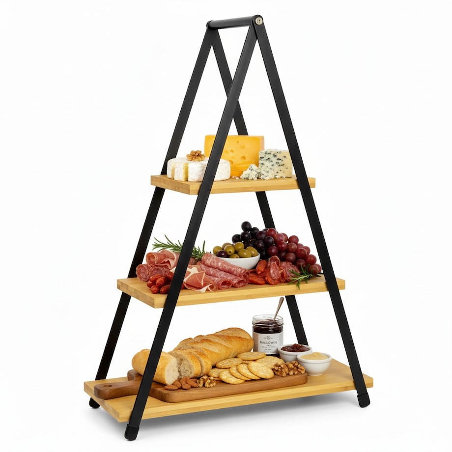Patera Drewniana 3 Piętrowa na Przekąski Piramida Drewniana Metalowa