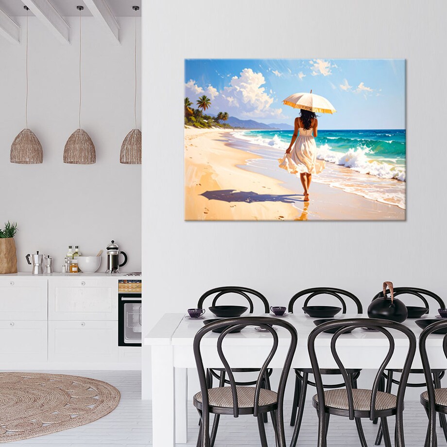 Obraz do salonu sypialni, Kobieta z parasolką spaerująca po plaży 90x60