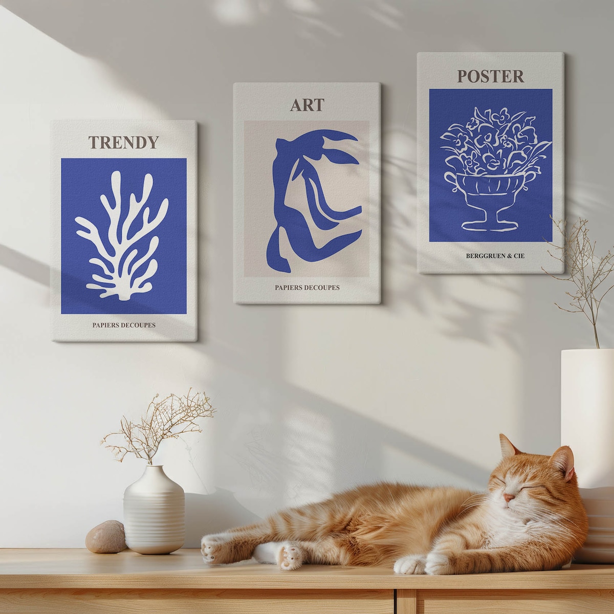 Zestaw 3 małych obrazów na płótnie - Abstrakcyjne plakaty Matisse boho - niebieski