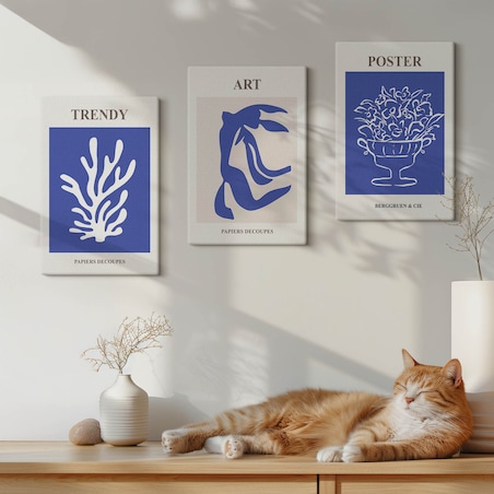 Zestaw 3 małych obrazów na płótnie - Abstrakcyjne plakaty Matisse boho - niebieski