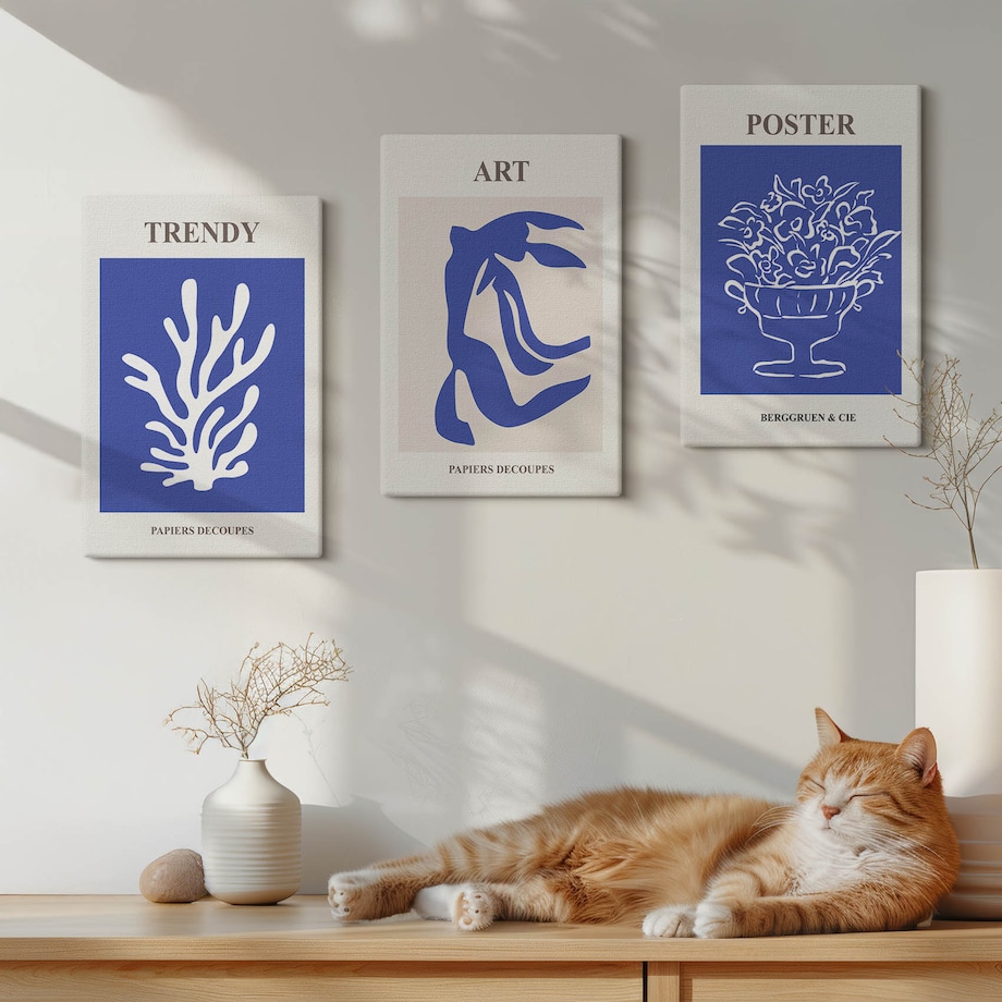 Zestaw 3 małych obrazów na płótnie - Abstrakcyjne plakaty Matisse boho - niebieski