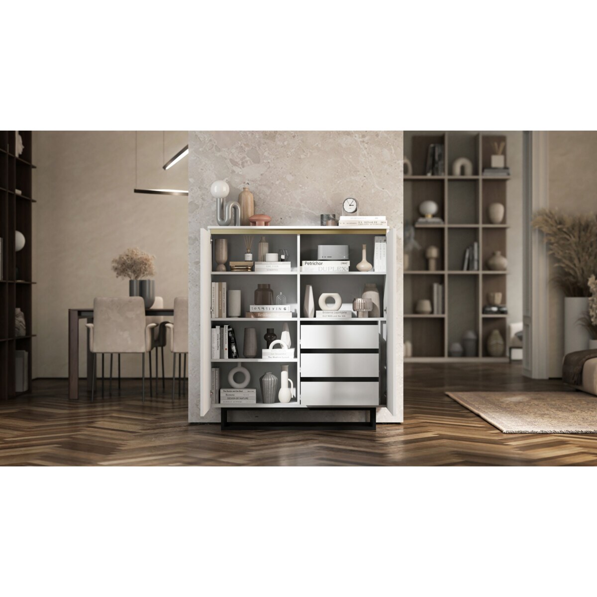 Komoda Glamour Szafka RTV Biały MAT ryflowane fronty czarny stelaż 110,8 cm