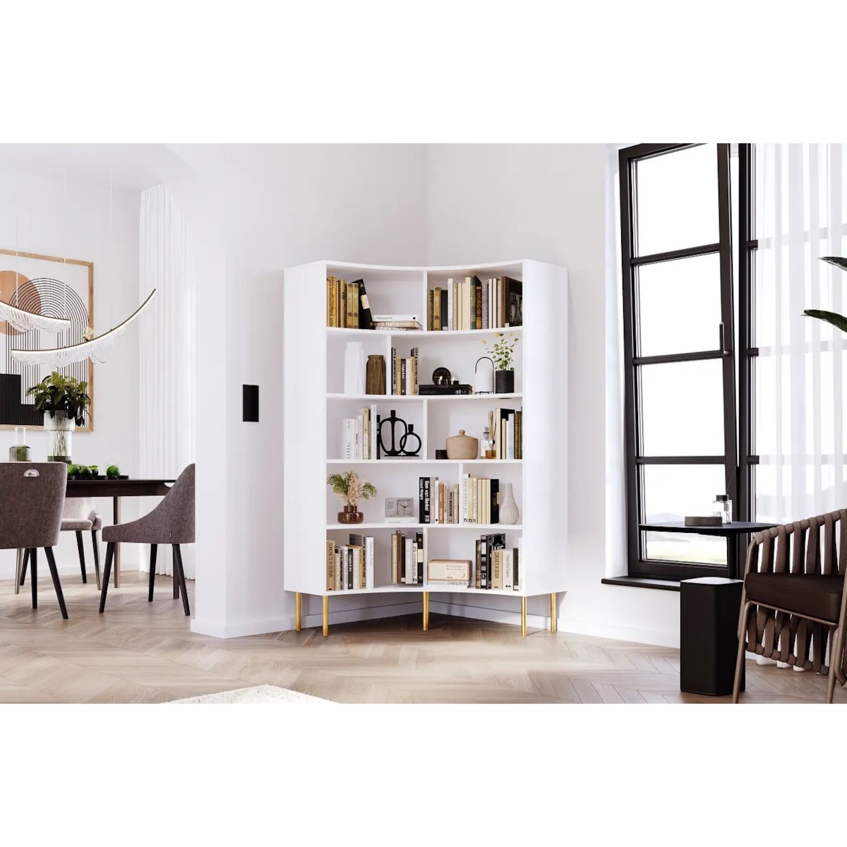 Nowoczesny narożny regał na książki Skandica HORN ze złotymi nogami / biały
