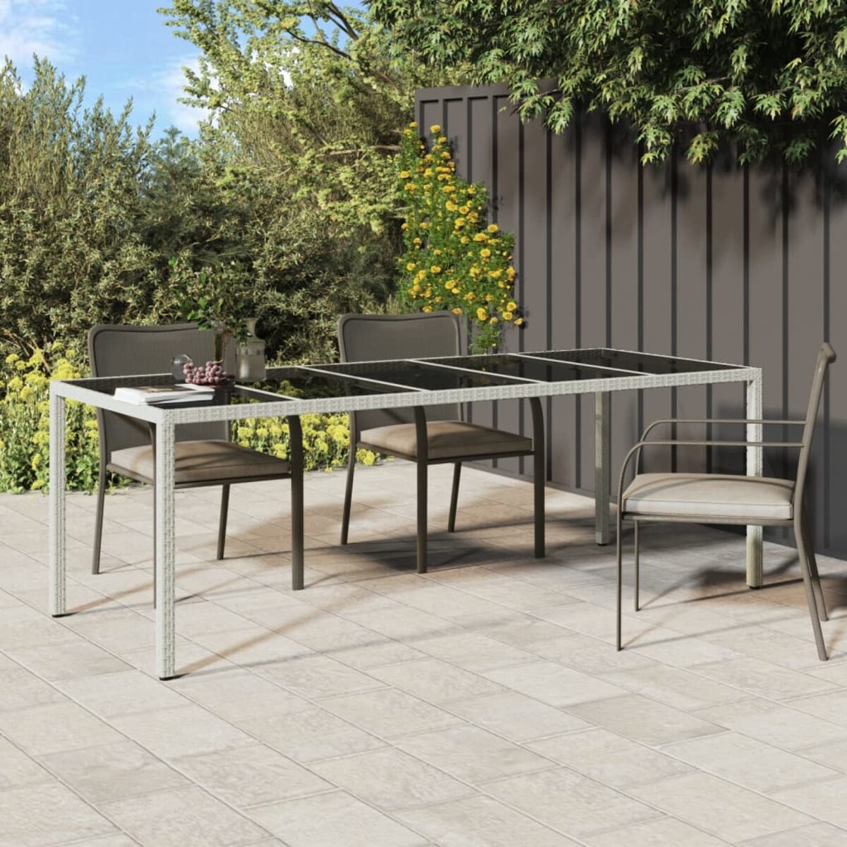 vidaXL Stół ogrodowy, biały, 250x100x75cm, rattan PE i szkło hartowane