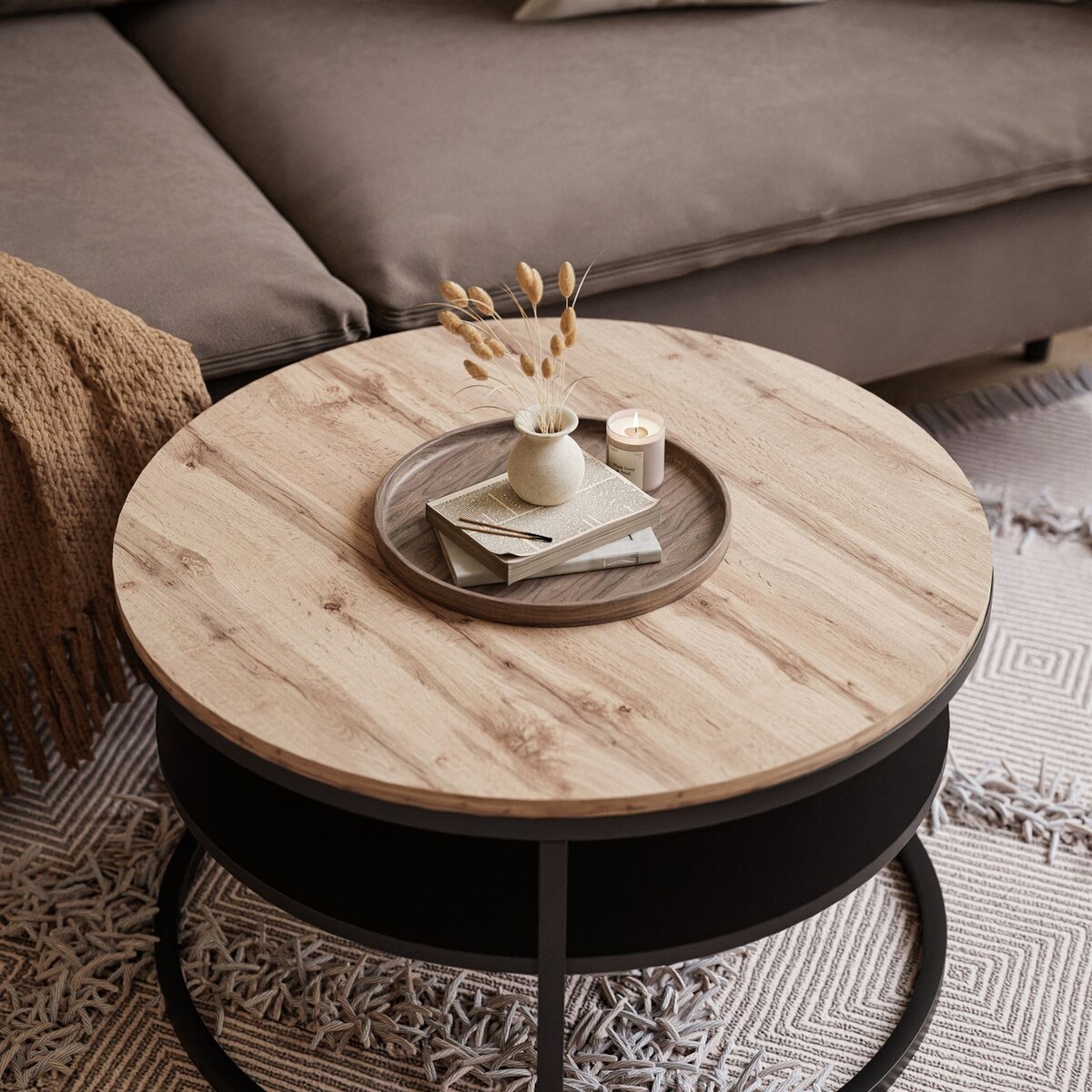 Stolik kawowy CIRI SLIM z półką czarny dąb artisan