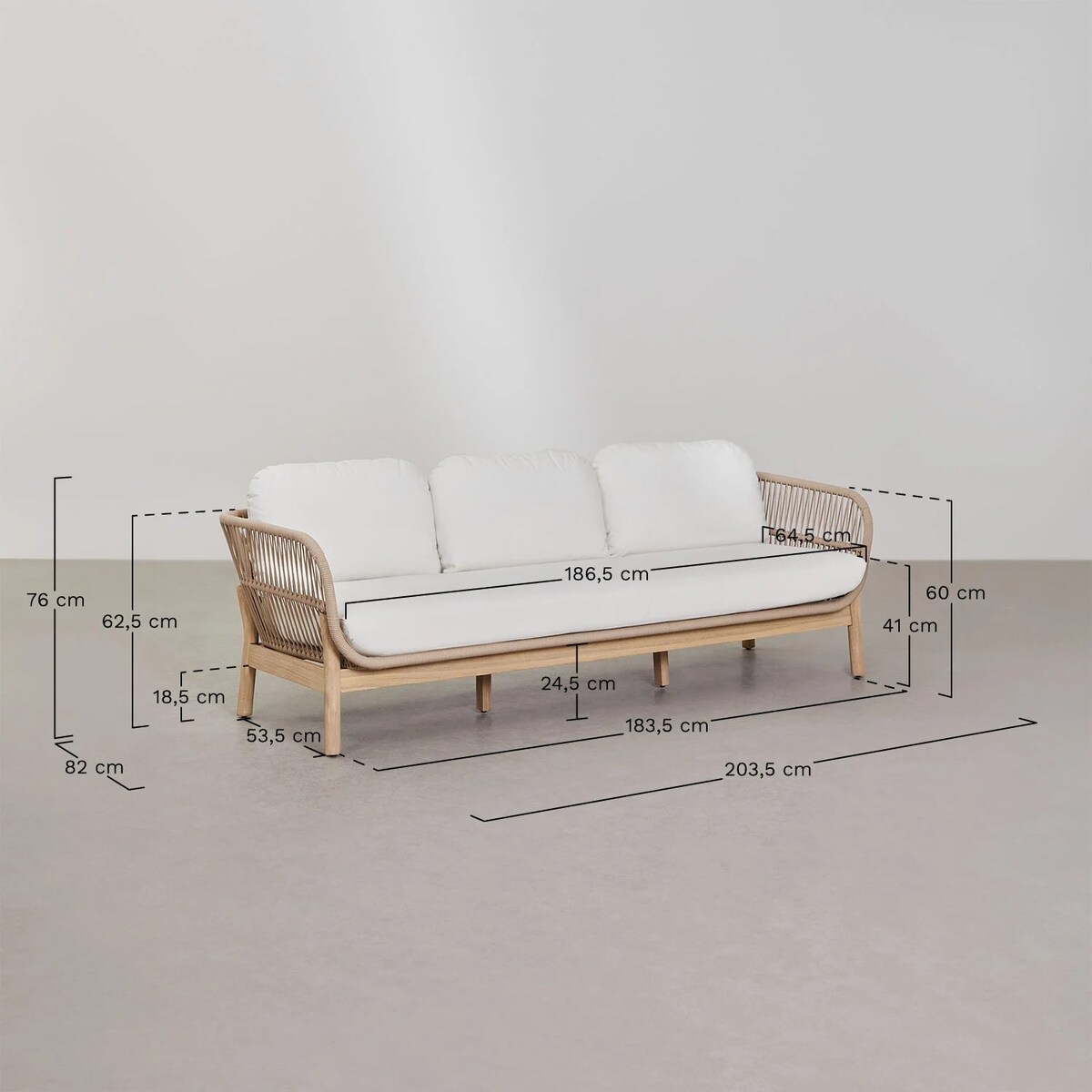 Zestaw ogrodowy: 3-osobowa sofa, 2 fotele, stolik kawowy, akacja i pleciona lina, Karvia