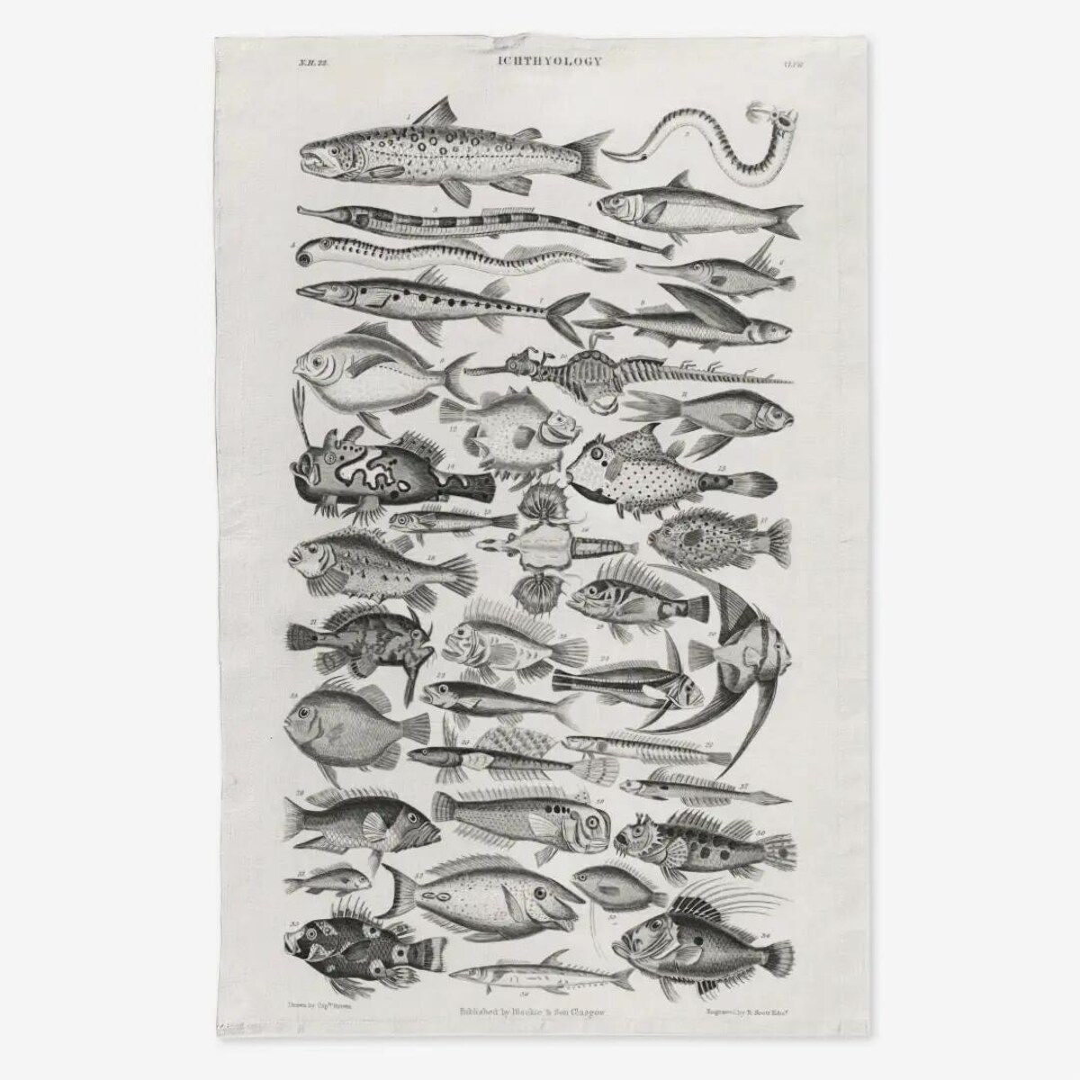 Lniany ręcznik kuchenny - czarno-białe ryby