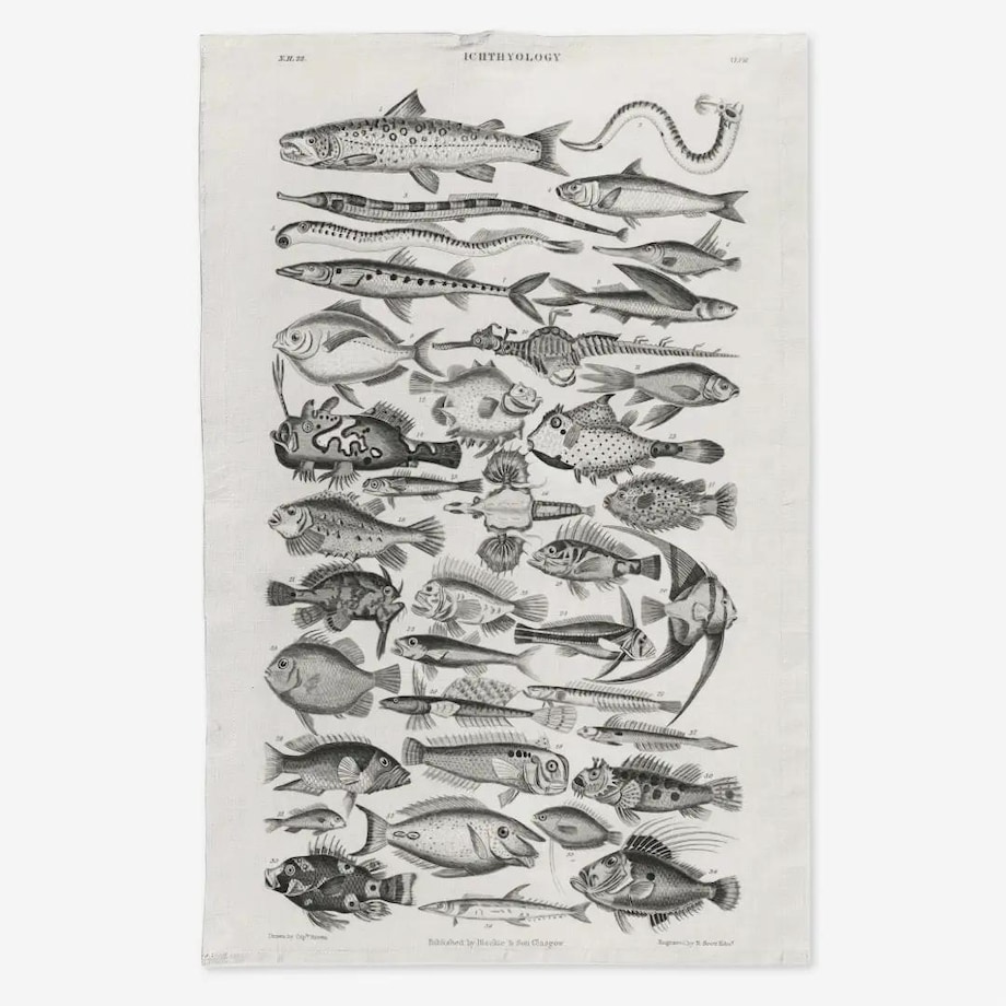 Lniany ręcznik kuchenny - czarno-białe ryby