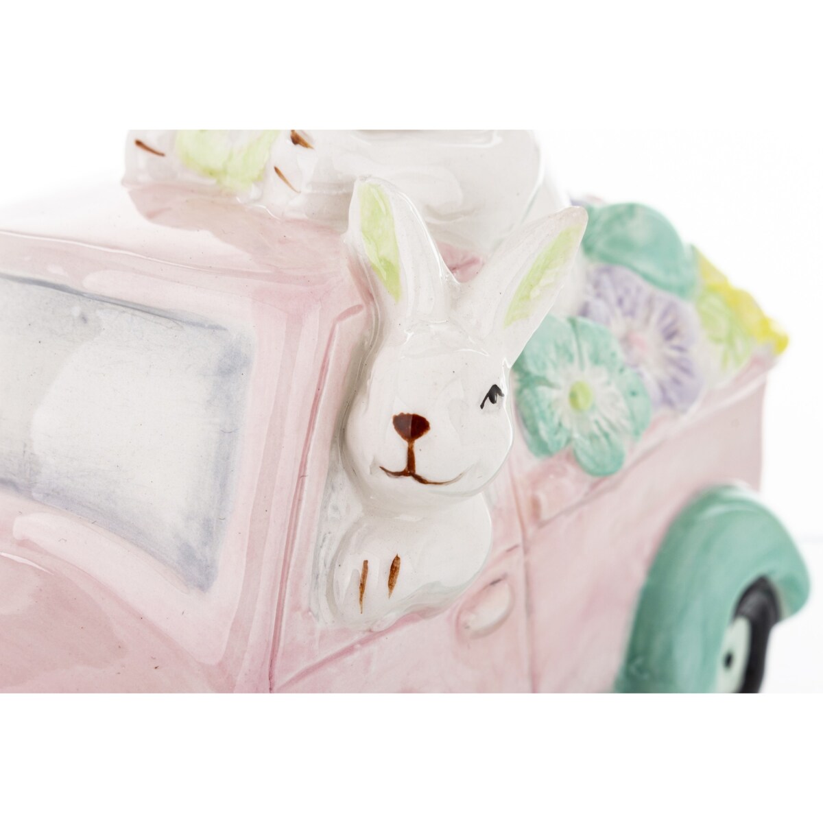 Dekoracja - króliki w samochodzie z kwiatami 20x10,5x19 cm różowy
