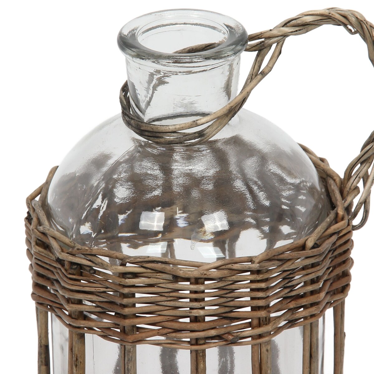 Szklana butelka z wiklinowym uchwytem, 20 cm