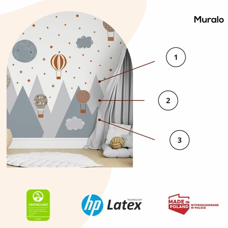 NAKLEJKI ŚCIENNE DLA DZIECI SZARE GÓRY GWIAZDKI CHMURY BALONY ZESTAW