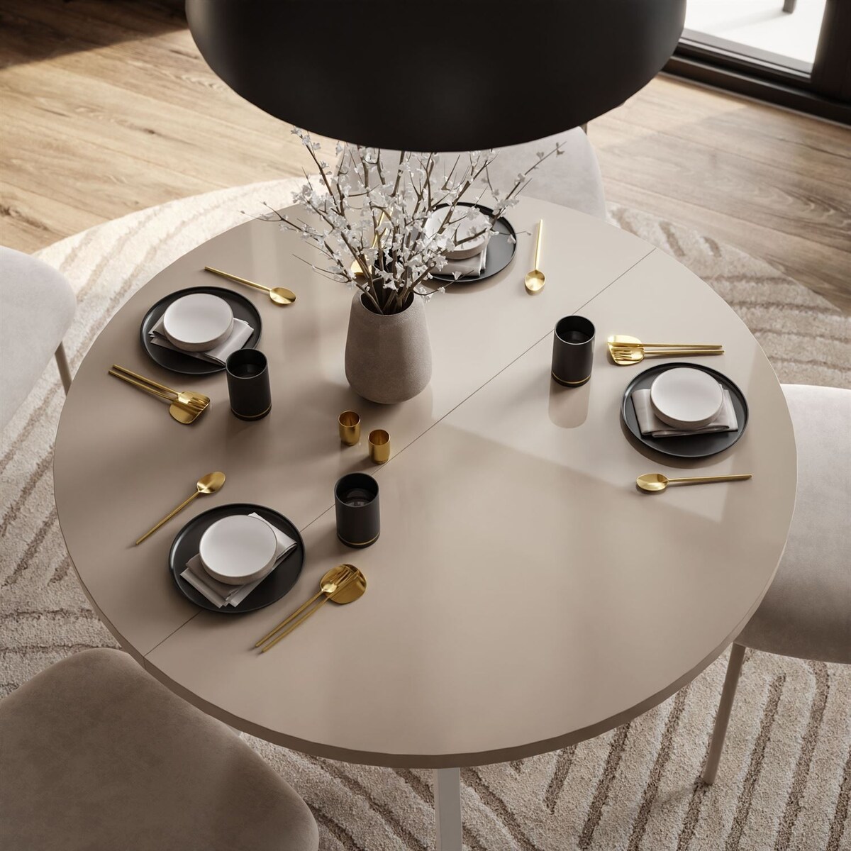 Okrągły stół rozkładany VOLTA GLOSS, nogi białe, blat kaszmir