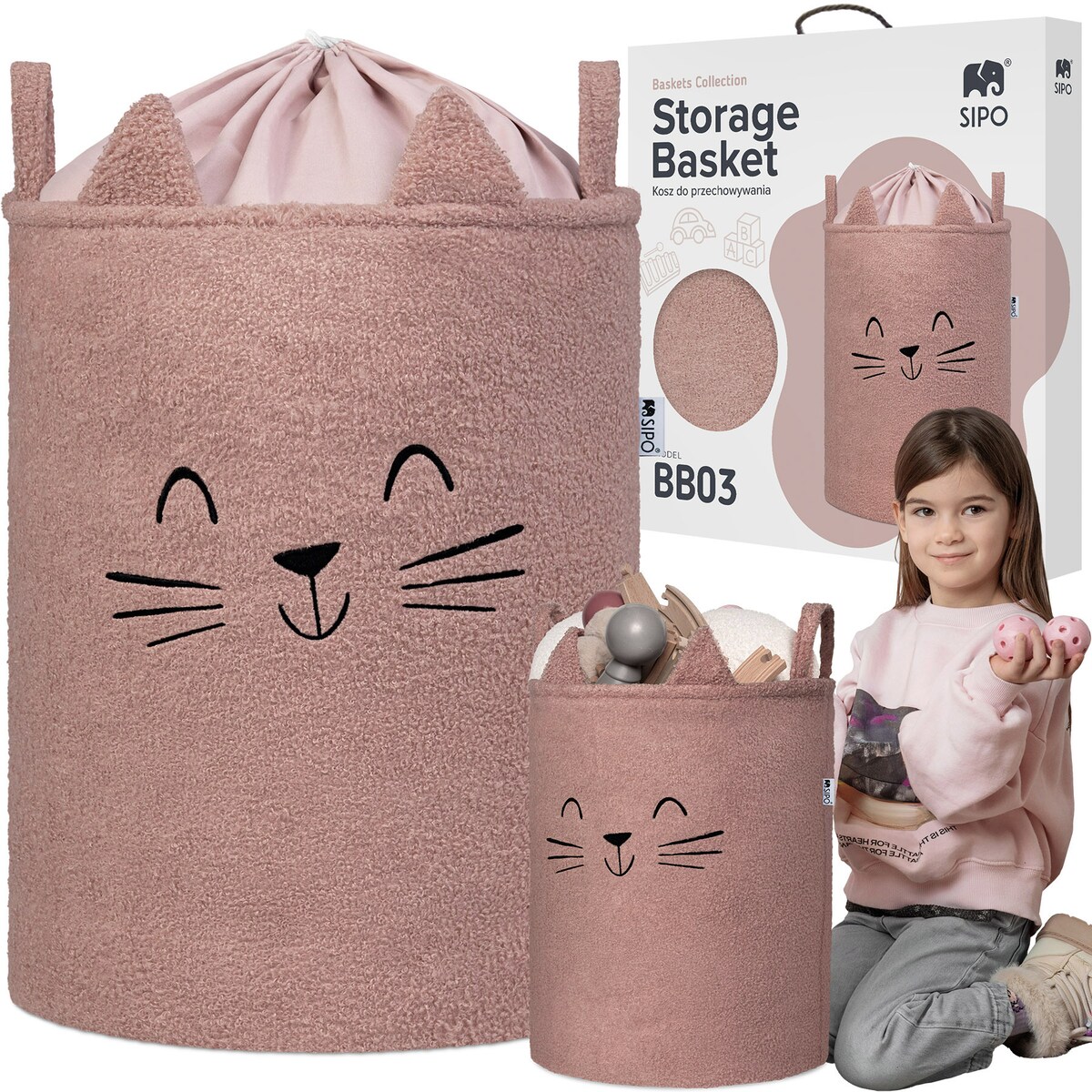 kosz na zabawki sipo, wersja premium boucle, zamykany na ściągacz, różowy kot, xl