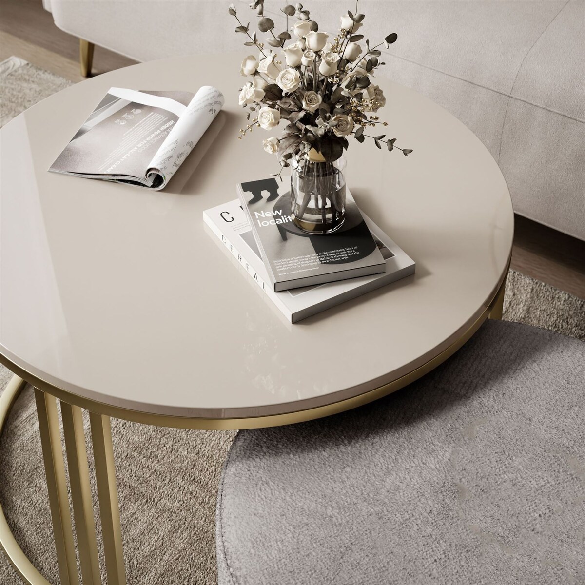 Stolik kawowy z pufą LORI POŁYSK złoto szczotkowane, kaszmir / Perfect Harmony 82