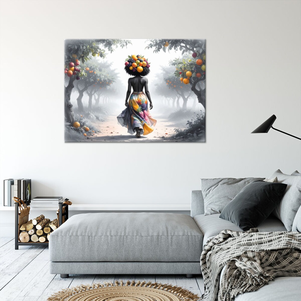 Obraz nowoczesny do salonu, Kobieta z owocami na głowie 120x80