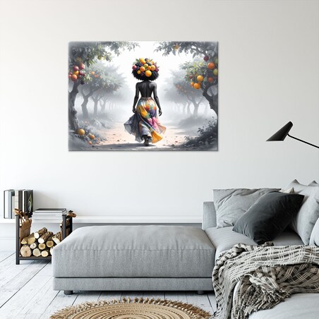 Obraz nowoczesny do salonu, Kobieta z owocami na głowie 120x80