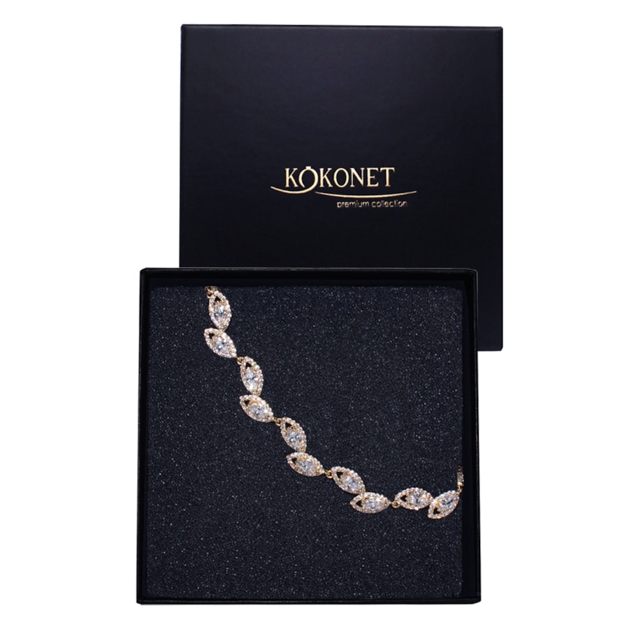 Bransoletka Ślubna ZŁOTA Listki BOHO Cyrkonie Listek na zatrzask prezent