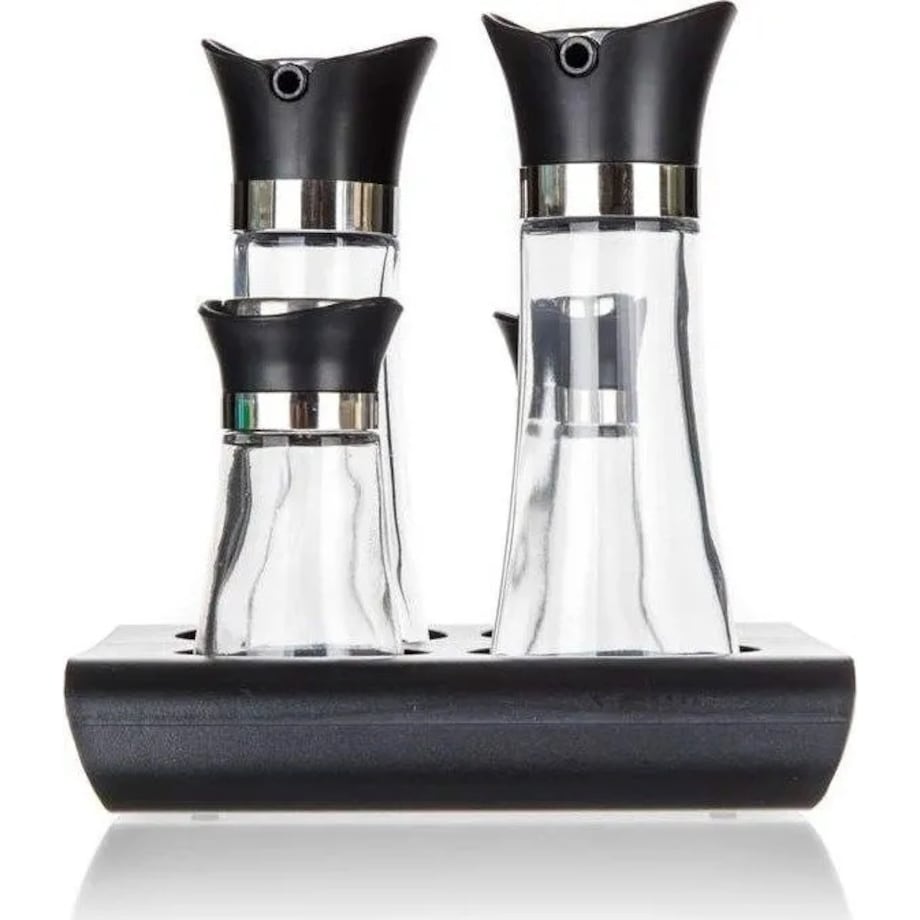 PRZYPRAWNIK na podstawce SOLNICZKA pojemnik na oliwę ocet 4w1 banquet box