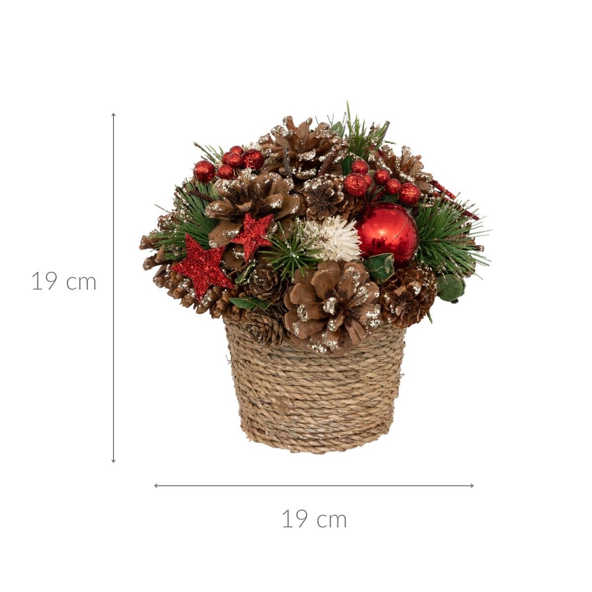 Kompozycja z szyszek i bombek w plecionej doniczce, 19 cm
