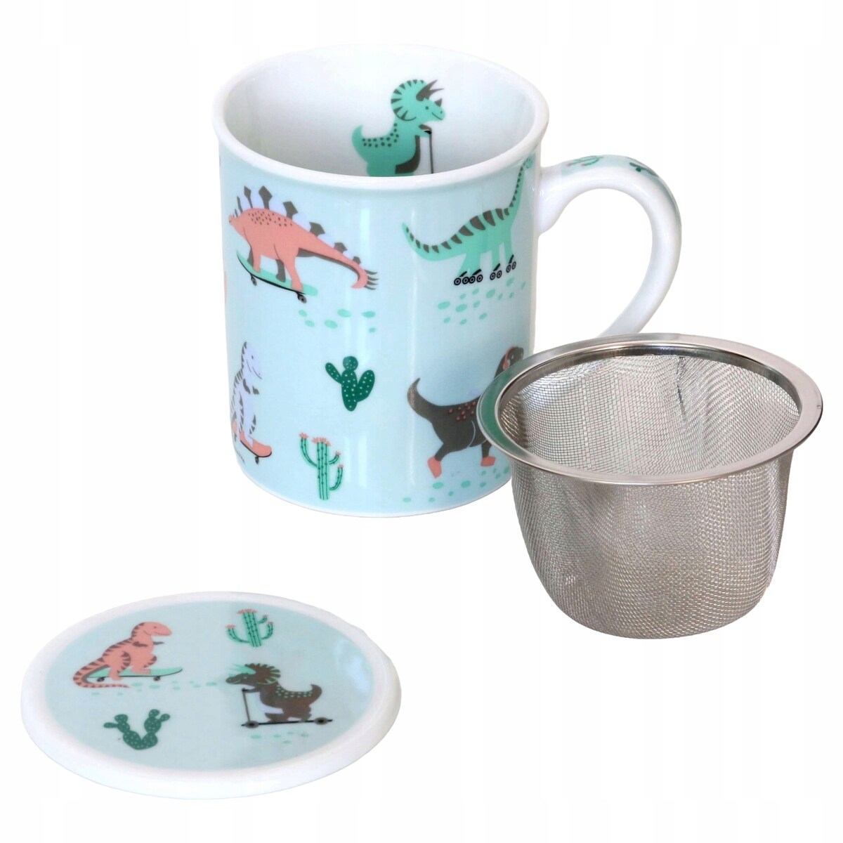 Porcelanowy kubek z nierdzewnym zaparzaczem i pokrywką DINOZAURY z motywem dinozaurów 250ml zestaw do parzenia herbaty ziół naparów