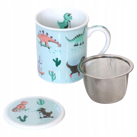 Porcelanowy kubek z nierdzewnym zaparzaczem i pokrywką DINOZAURY z motywem dinozaurów 250ml zestaw do parzenia herbaty ziół naparów