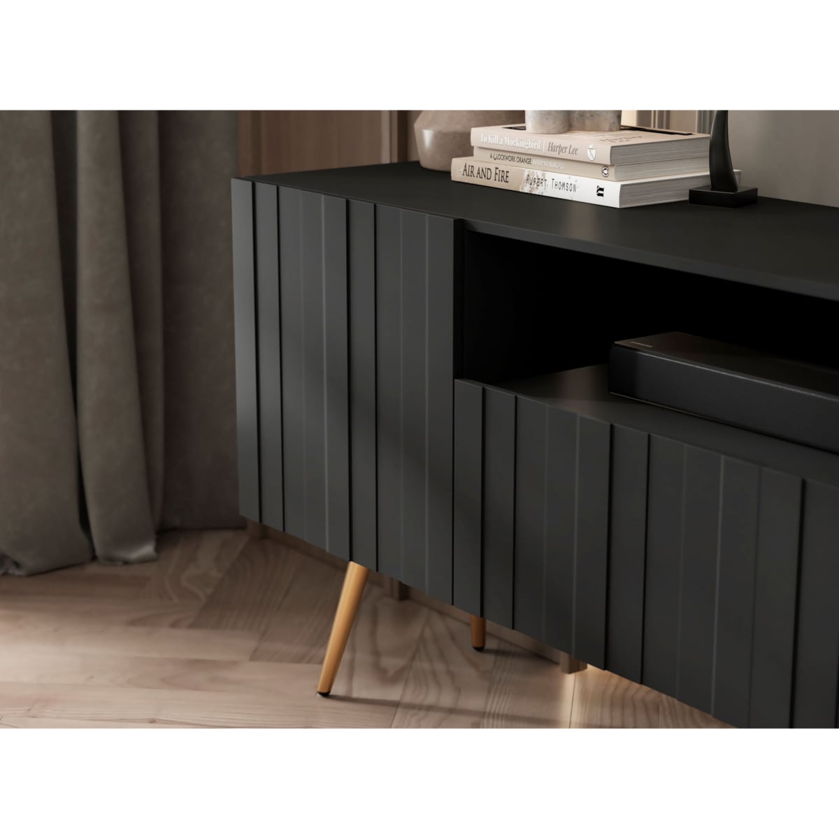 Szafka RTV Glamour Nowoczesna Komoda RTV Glamour Czarny Mat 150 cm