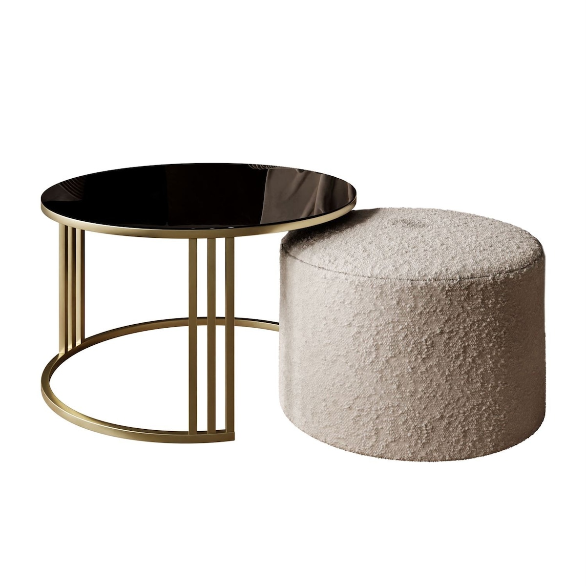 Stolik kawowy z pufą LORI GLASS złoto szczotkowane, czarne szkło / Coral 50