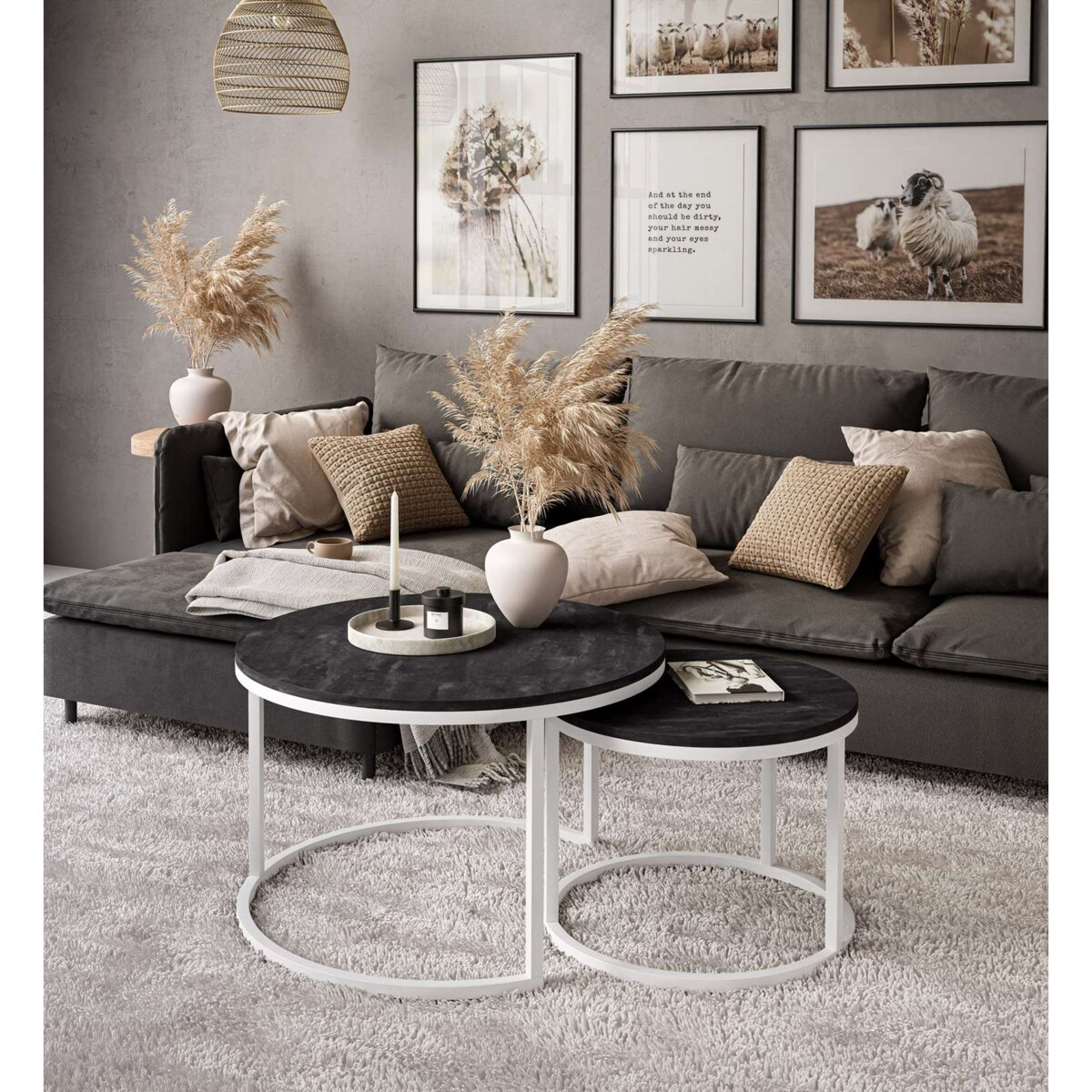 Okrągły stolik kawowy CIRI 2w1 biały ciemny beton