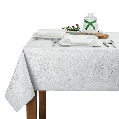 Obrus biało srebrny Gwiazdki - 120x120 cm - srebrny