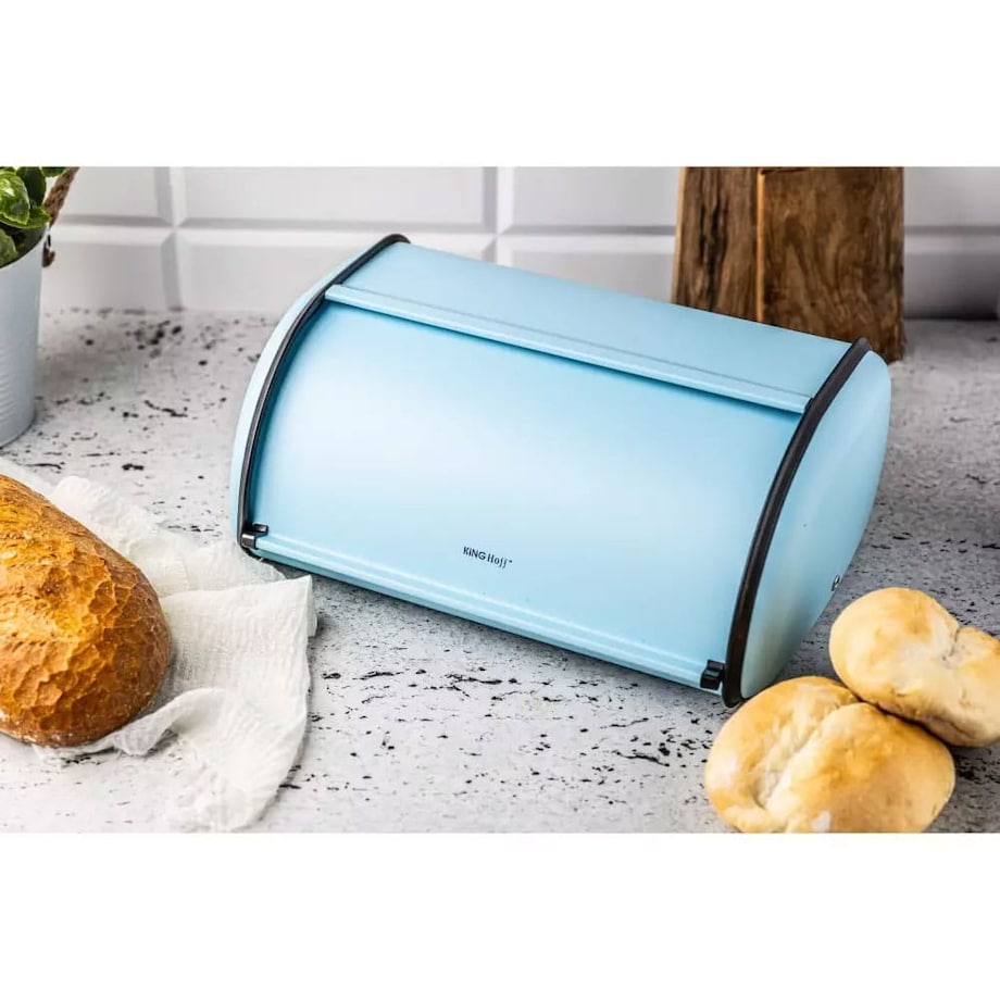 Chlebak stalowy mały 36cm niebieski matowy pojemnik na chleb pieczywo bułki KINGHOFF