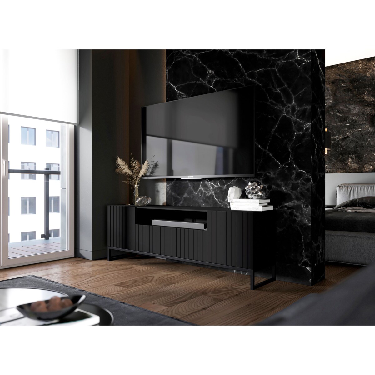 Nowoczesna Komoda RTV Szafka RTV Czarny Mat Glamour Ryflowane fronty Loft Rama 150 cm