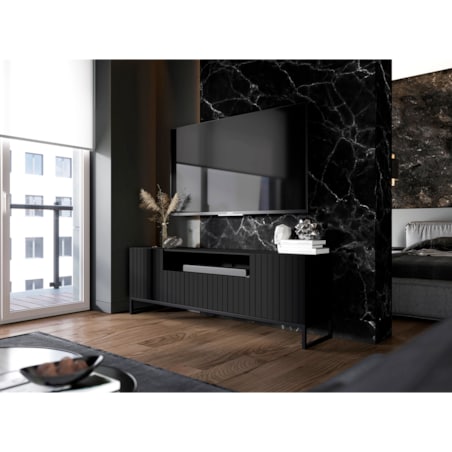 Nowoczesna Komoda RTV Szafka RTV Czarny Mat Glamour Ryflowane fronty Loft Rama 150 cm