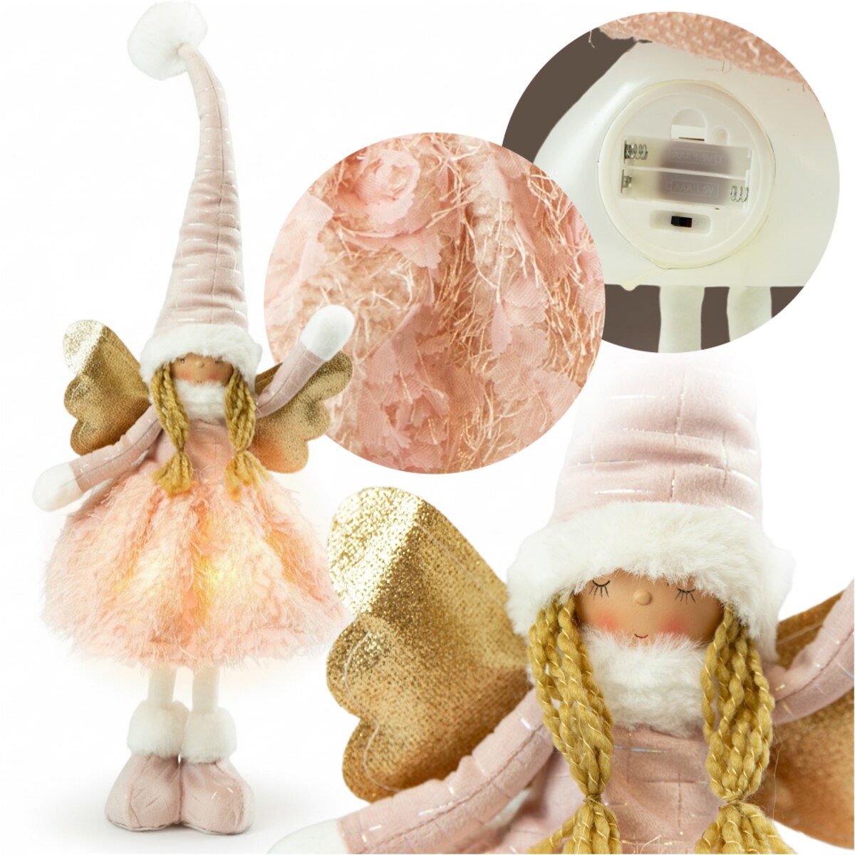 Aniołek Figurka Stojący 50 Cm Świąteczny Boże Narodzenie Różowa Czapka