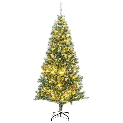 vidaXL Sztuczna choinka z 300 LED, bombkami i śniegiem, 240 cm