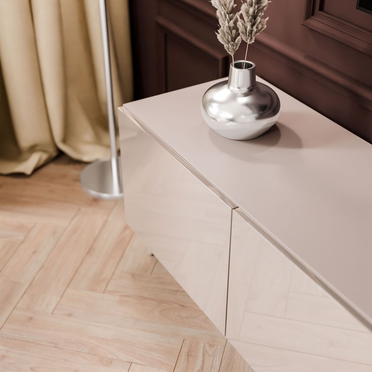 Szafka RTV COLGANTE 200 kaszmir wysoki połysk, oświetlenie LED, nóżki skośne srebrne