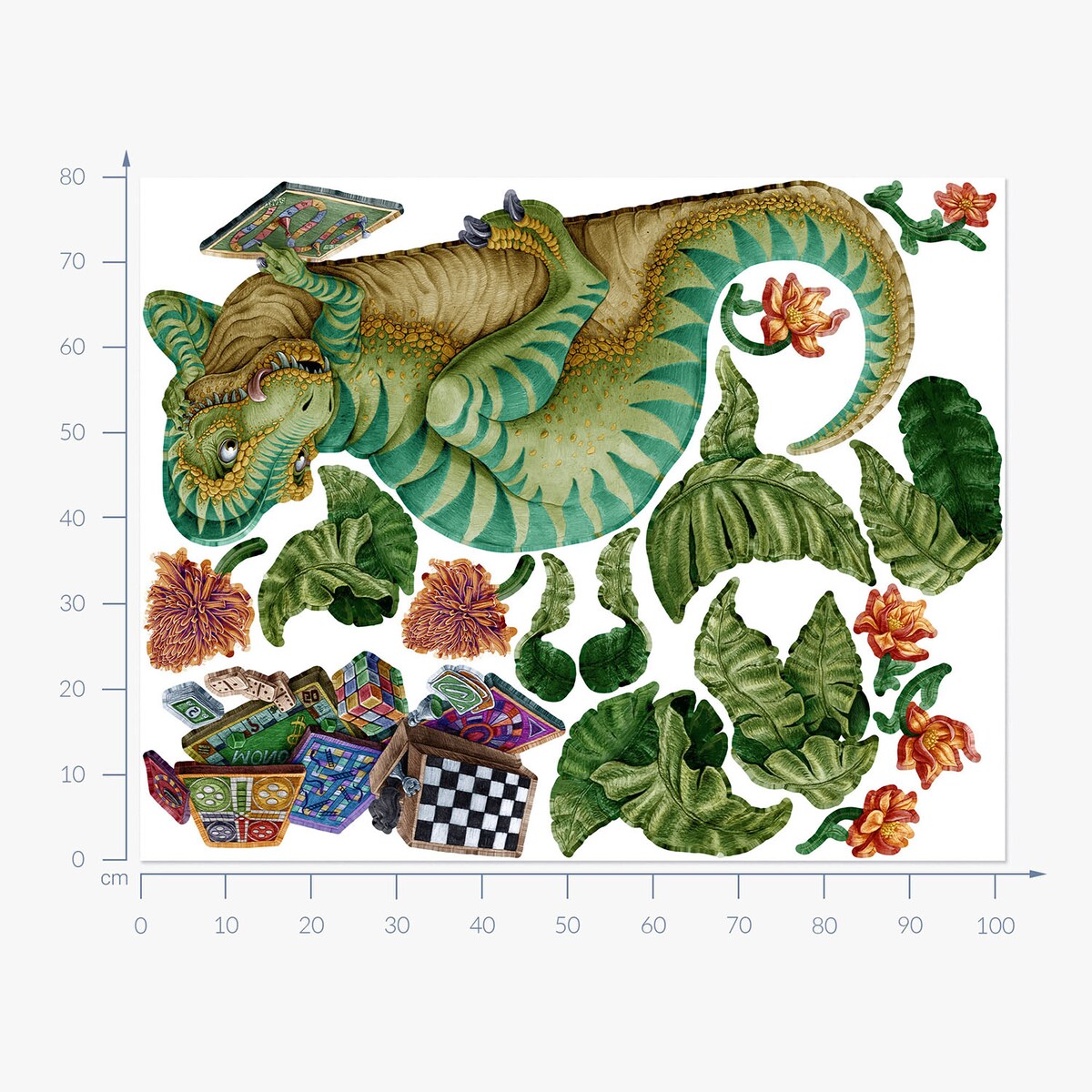 Zestaw naklejek na ścianę, Dinozaur z planszówką, 80cm