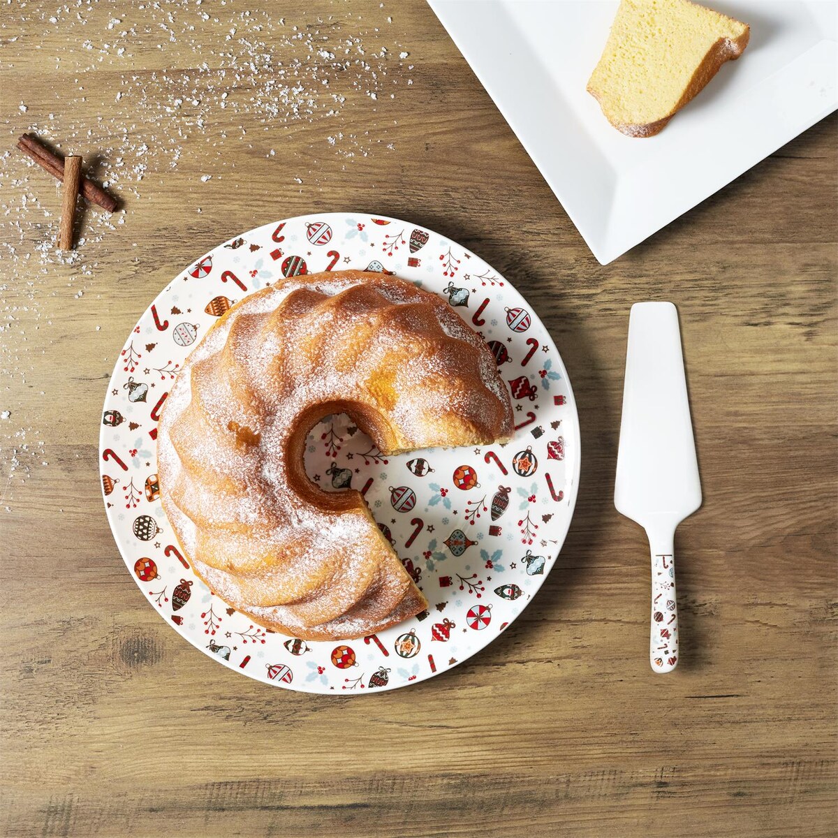 TALERZ NA CIASTO Z ŁOPATKĄ świąteczny 30 cm biały