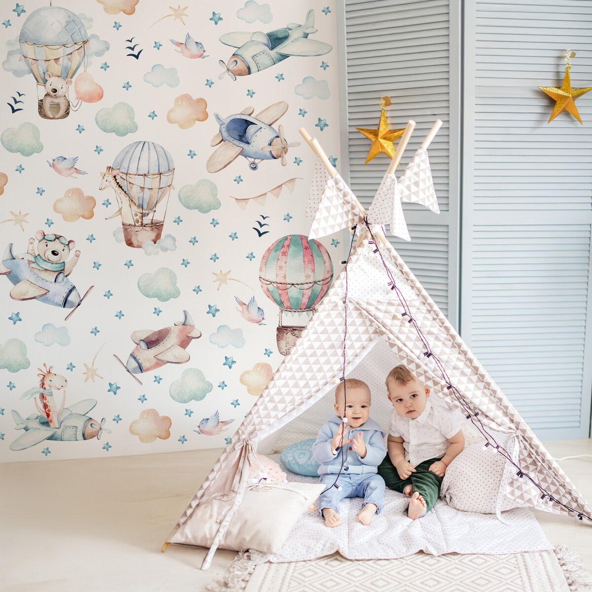 Naklejki Ścienne Dla Dzieci Samoloty Balony Zwierzątka Gwiazdy Ptaki ZESTAW 60x30cm