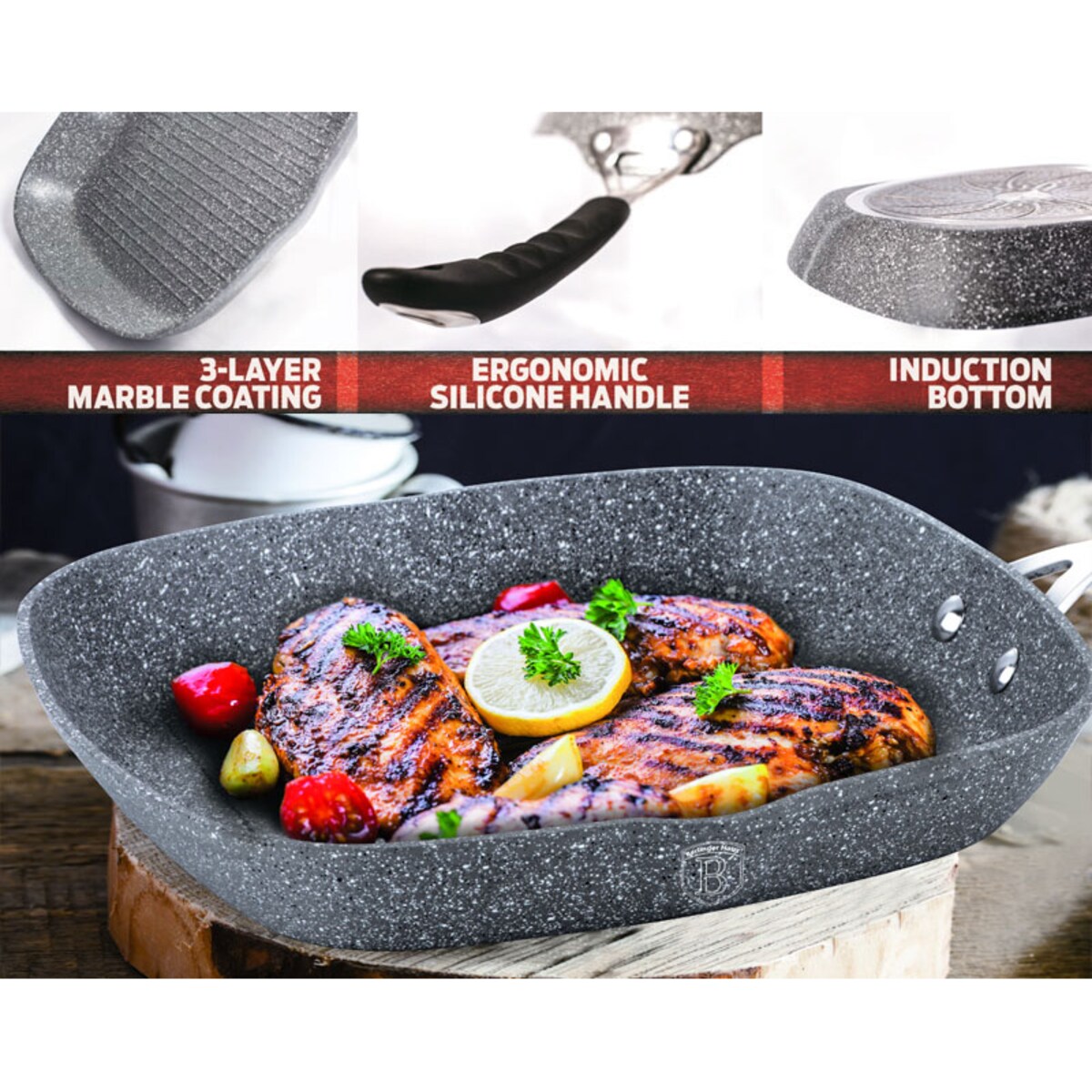 Patelnia grill 28cm z pokrywką BERLINGER HAUS Gray Stone Touch