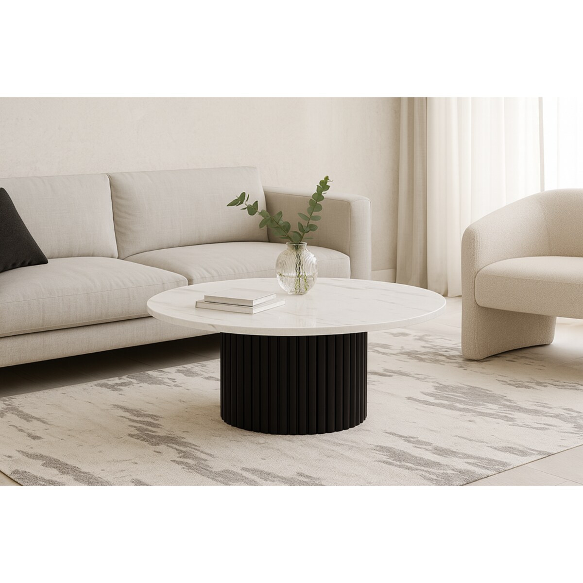 Okrągły stokil kawowy Riko 90cm ryflowana podstawa-marmur biały-czarny