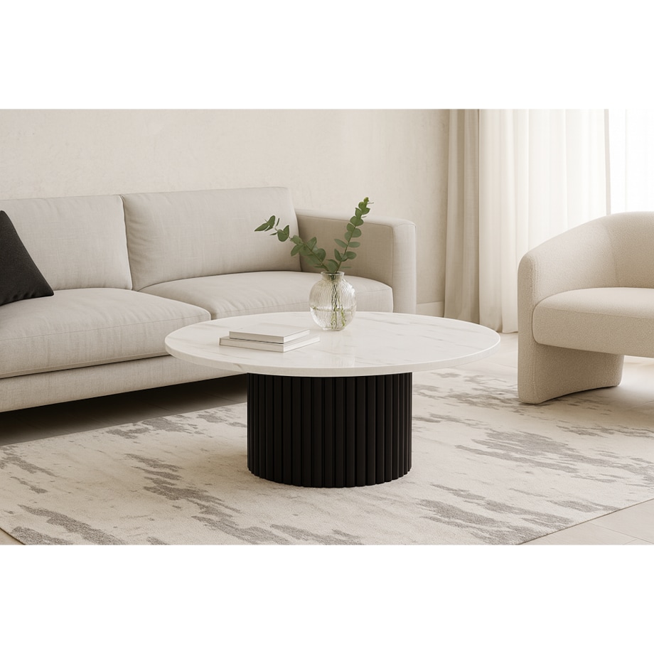 Okrągły stokil kawowy Riko 90cm ryflowana podstawa-marmur biały-czarny