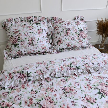 Pościel Bawełniana Z Falbanką Zestaw Komplet Do Sypialni Retro Kwiaty Dziecięca 140X200 Cm + Poduszka 70X80 Cm