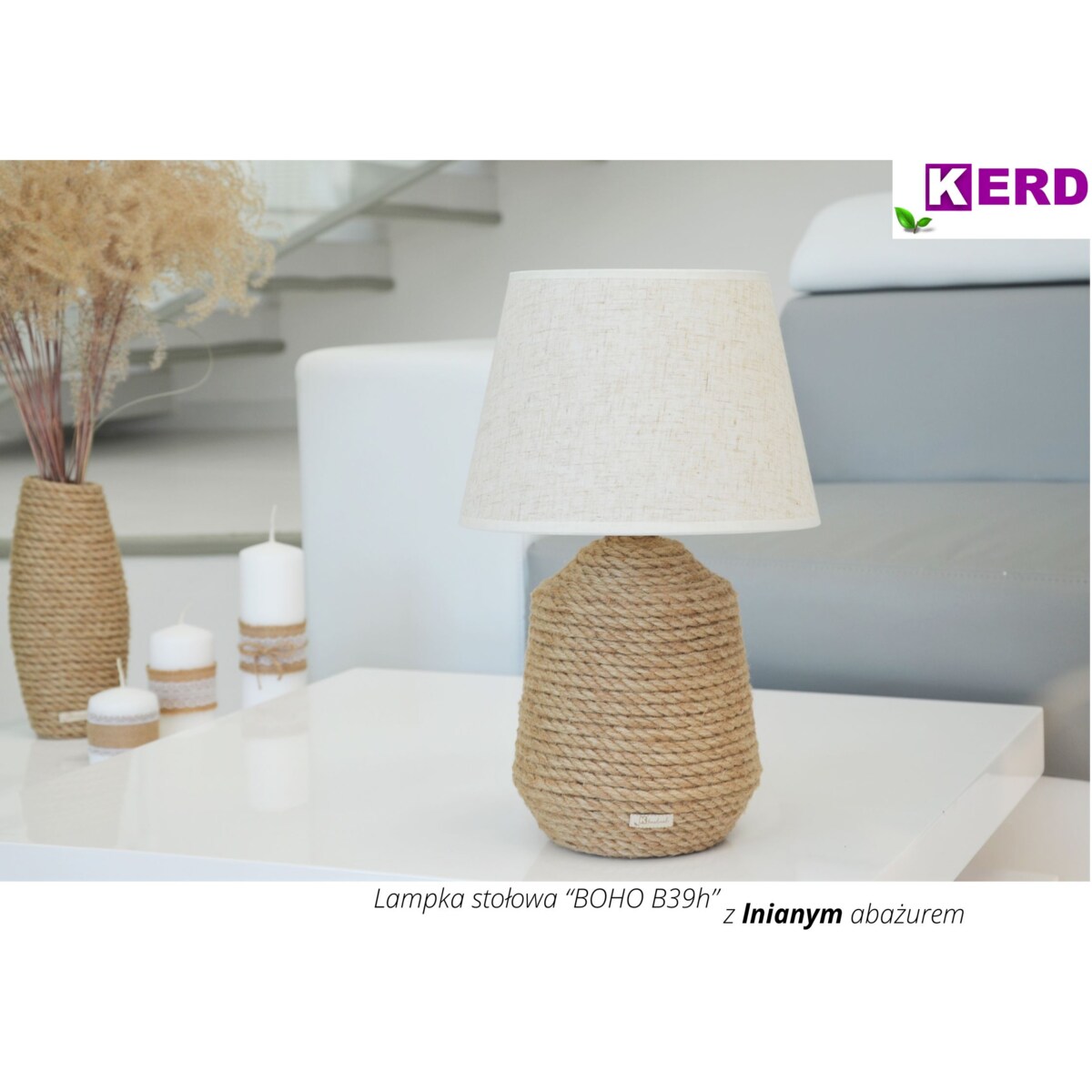 BOHO B39 Lampka stołowa h 39 cm Boho naturalny sznurek jutowy pleciony * styl etno skandi skandynawski* lampka nocna biurkowa * lniany abażur + juta