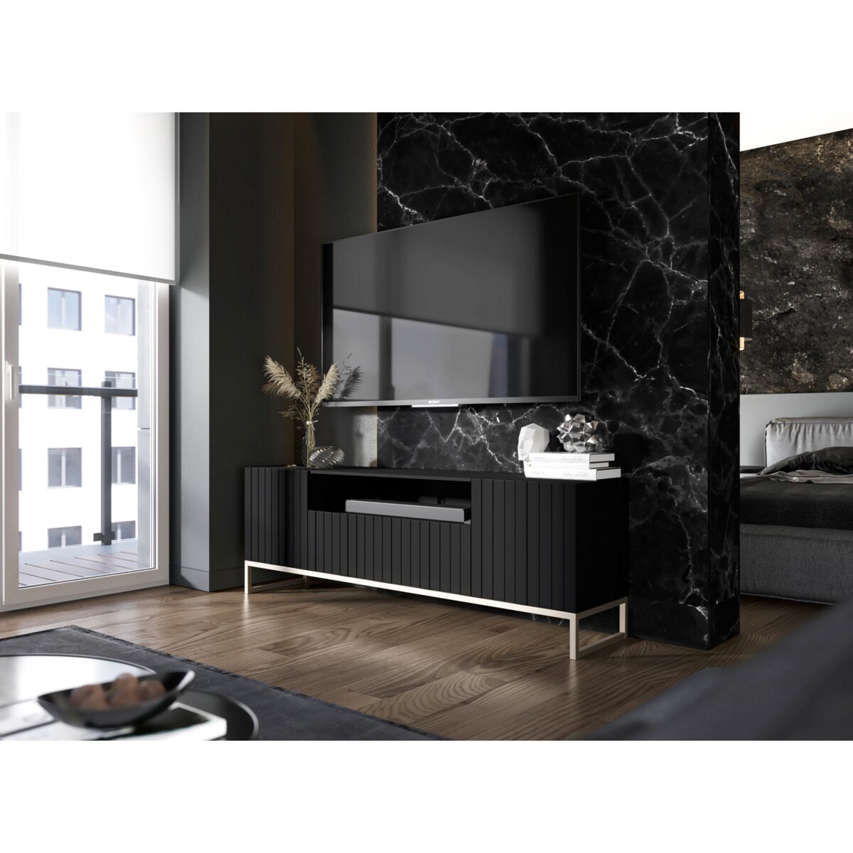 Szafka RTV Glamour Nowoczesna Komoda RTV Glamour Czarny Mat 150 cm