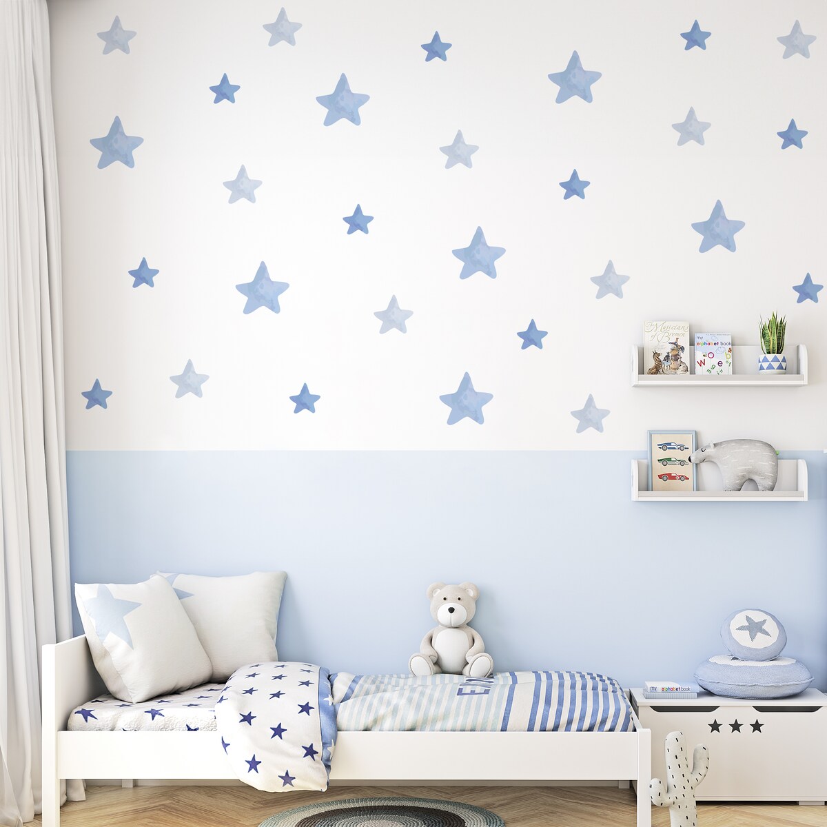 Naklejki Ścienne Dla Dzieci Akwarelowe Niebieskie GWIAZDKI Styl Boho ZESTAW 60x30cm