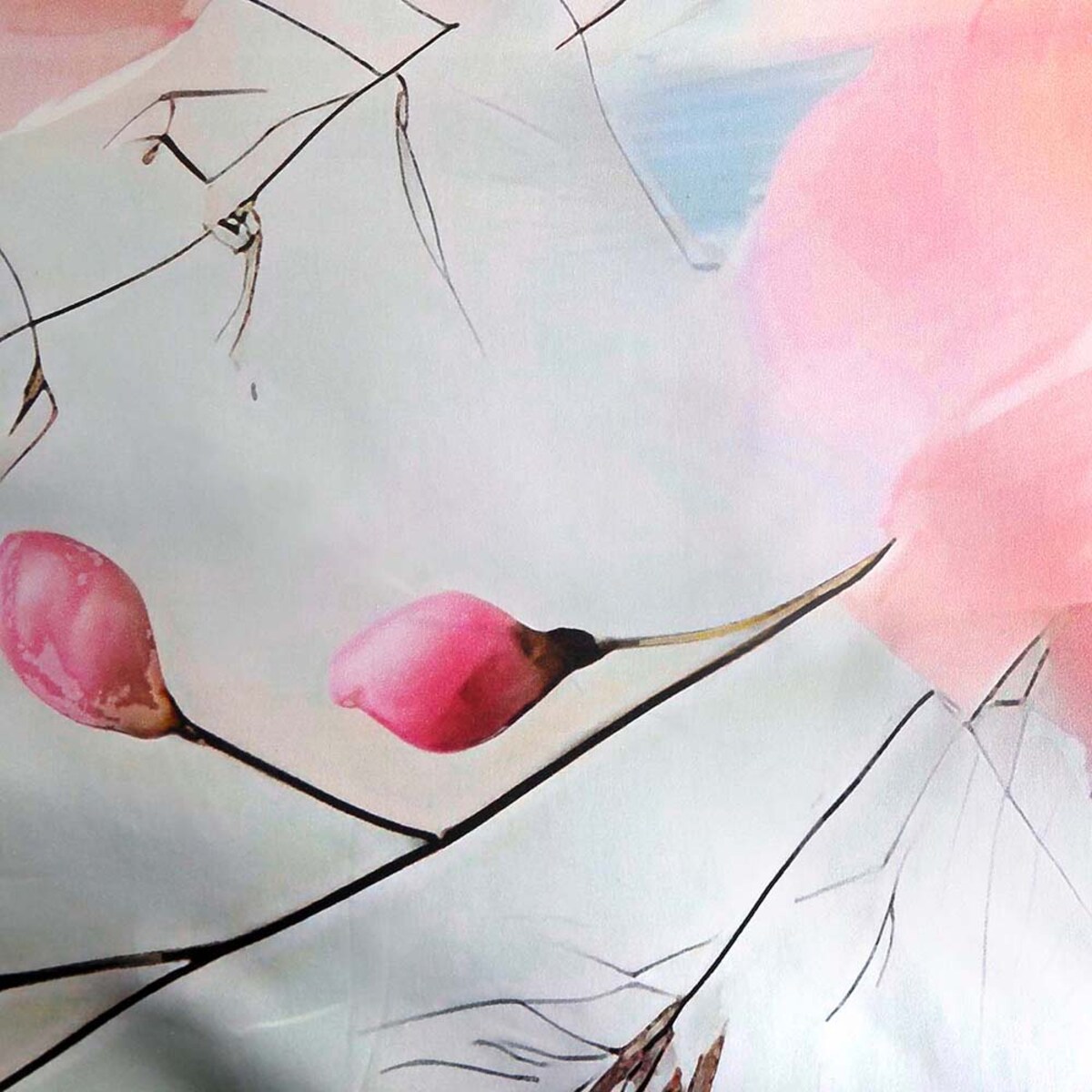 Pościel satyna bawełniana 220x200 Roselle szara i zielona w różowe kwiaty, Satynlove Premium