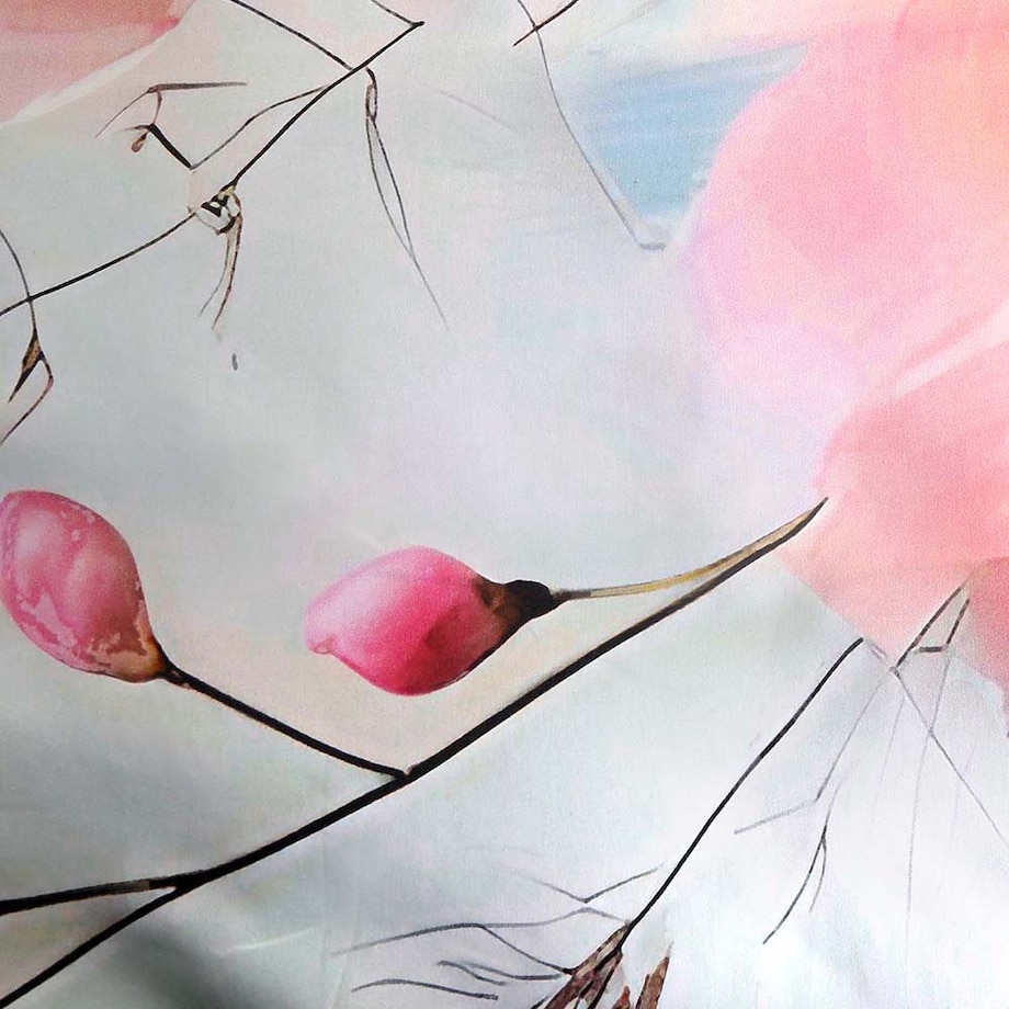 Pościel satyna bawełniana 220x200 Roselle szara i zielona w różowe kwiaty, Satynlove Premium