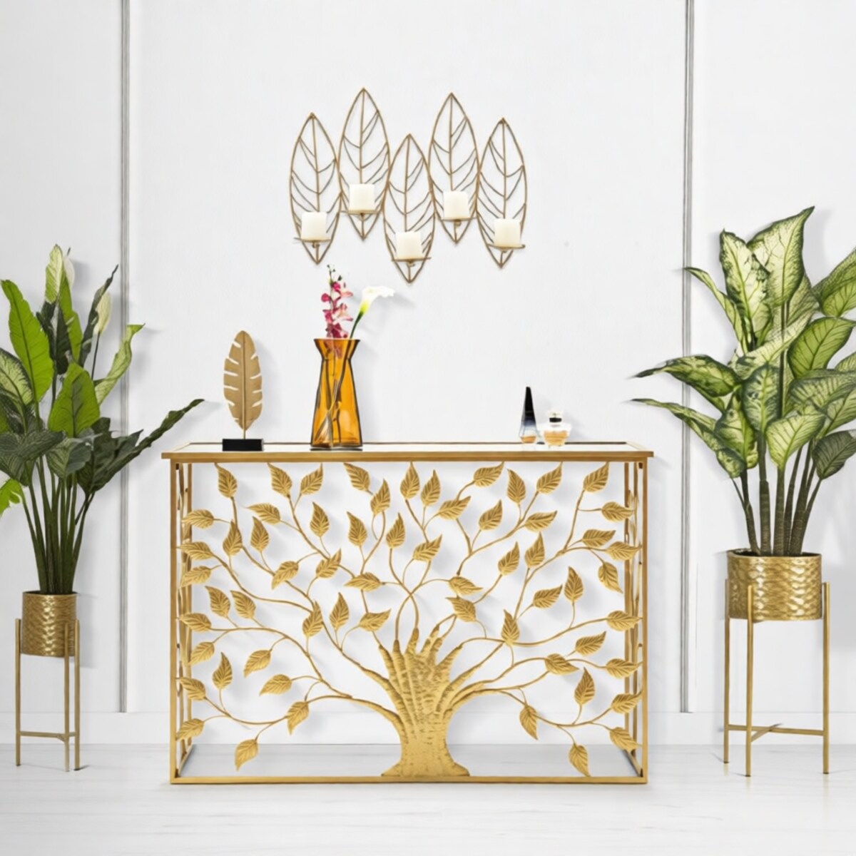 Świecznik ścienny Leaf, 66 x 14 x 56 cm, dekoracyjny uchwyt na świecę, złoty, żelazo, styl glamour, Mauro Ferretti