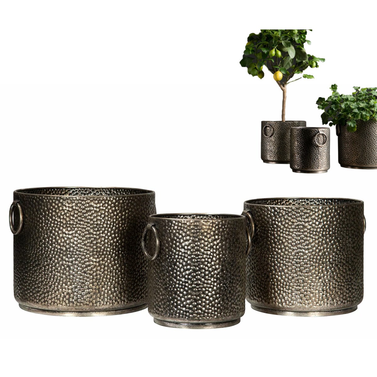 DONICZKA DO SALONU SREBRNA duża metalowa osłonka donica zestaw 3 szt.